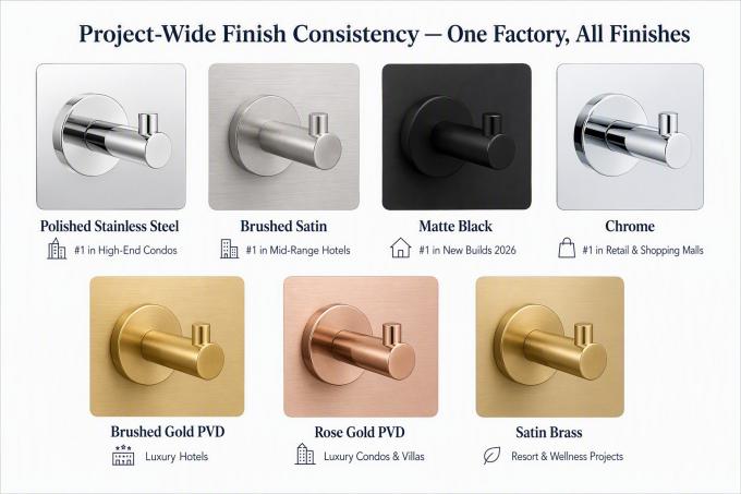 Seven finish options for TAKY shower hardware — project-wide consistency