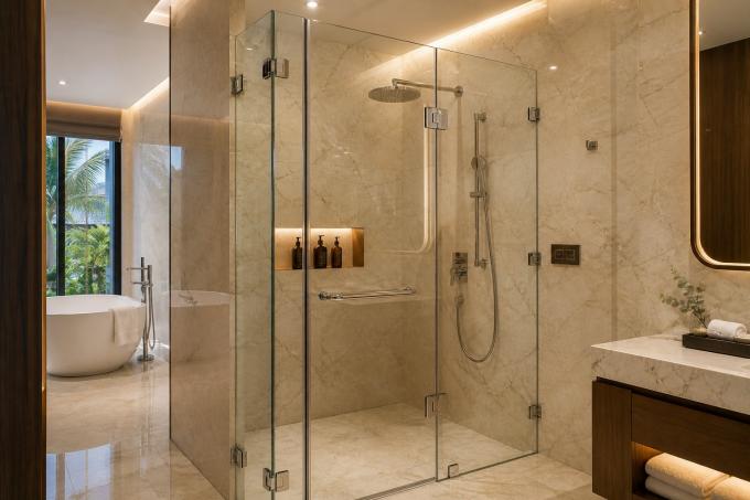 Modern Vietnamese hotel bathroom — premium frameless shower with visible glass clips and hinges